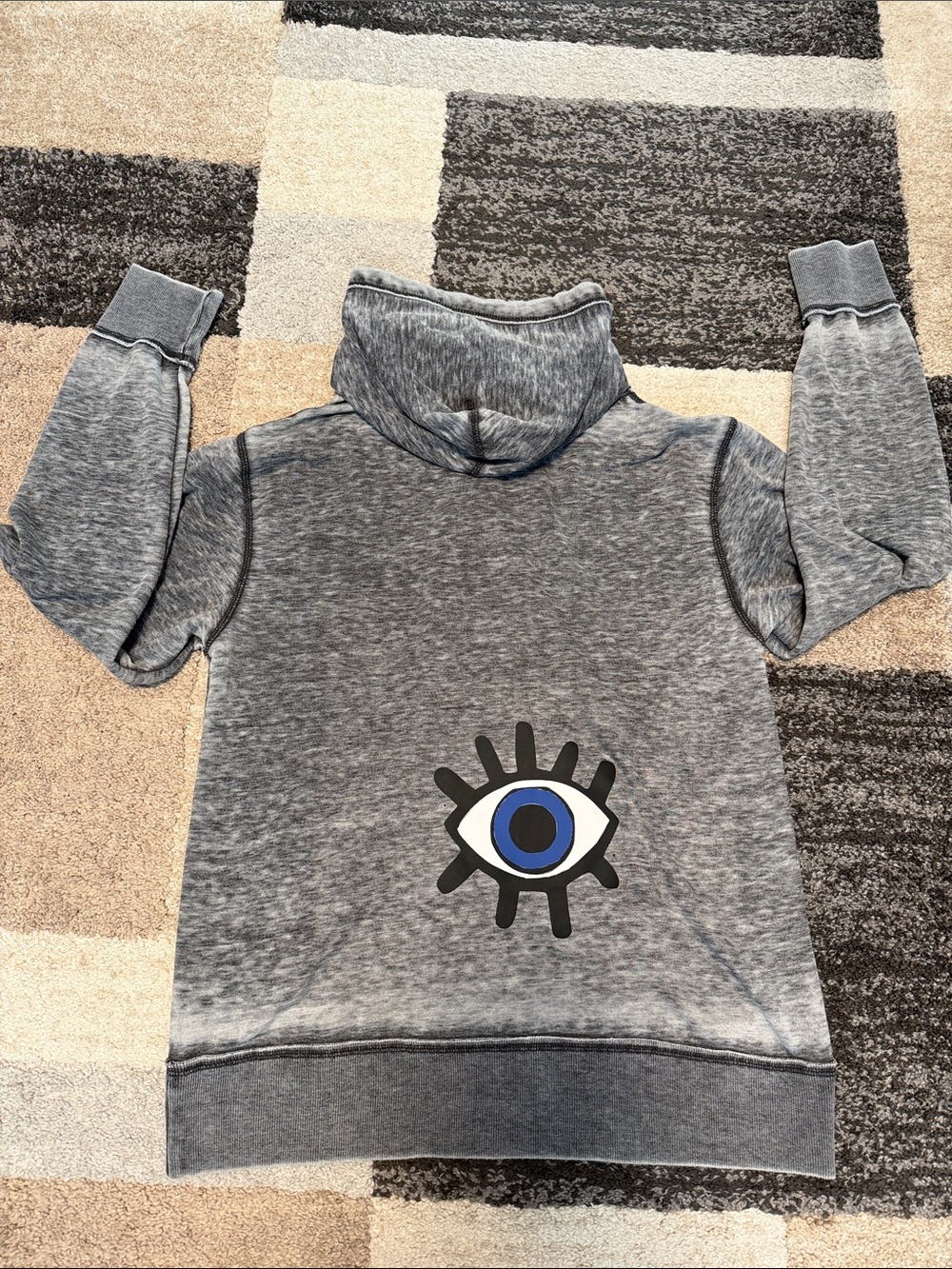 J. America hoodie, washed grey with evil eye on back, size L EUC! 🧿